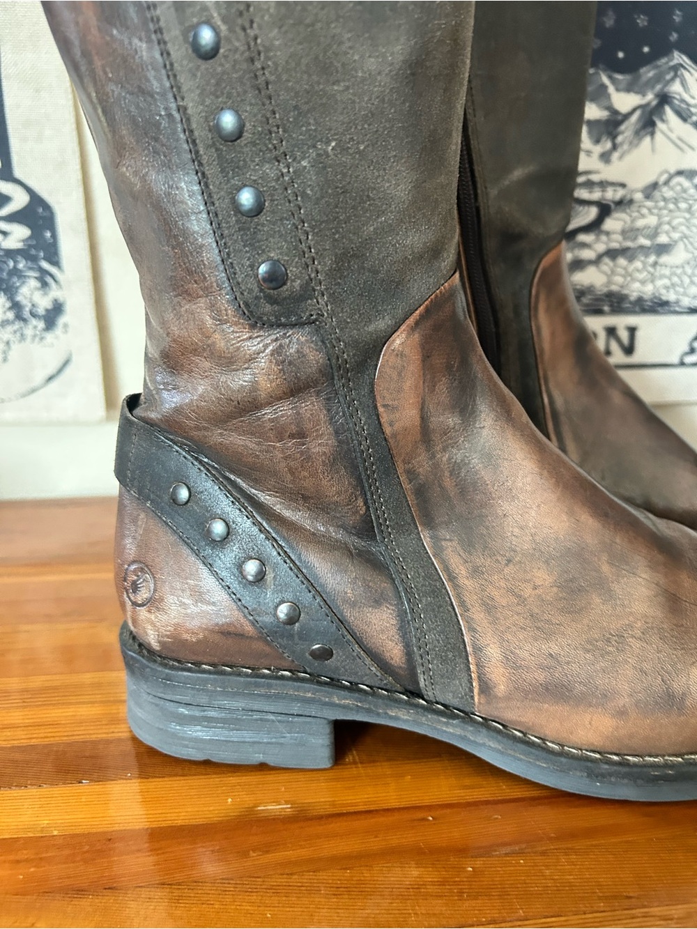 Casta Roma Taupe Tall Leather Riding Boots Distressed Moto Studded - Picture 3 of 9